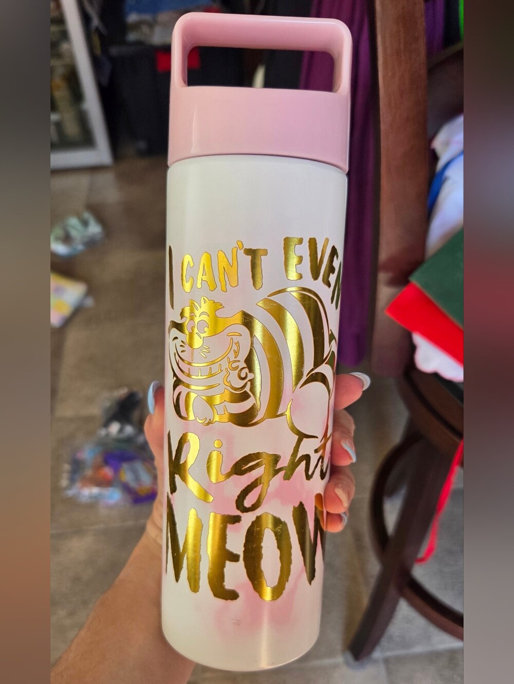 Disney Pink & White Tumbler with Gold Cheshire Cat Foil